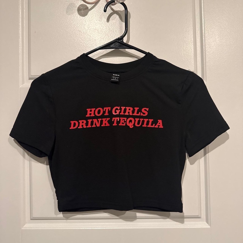 SHEIN Black Cropped Tee with Red 'HOT GIRLS DRINK TEQUILA' Graphic